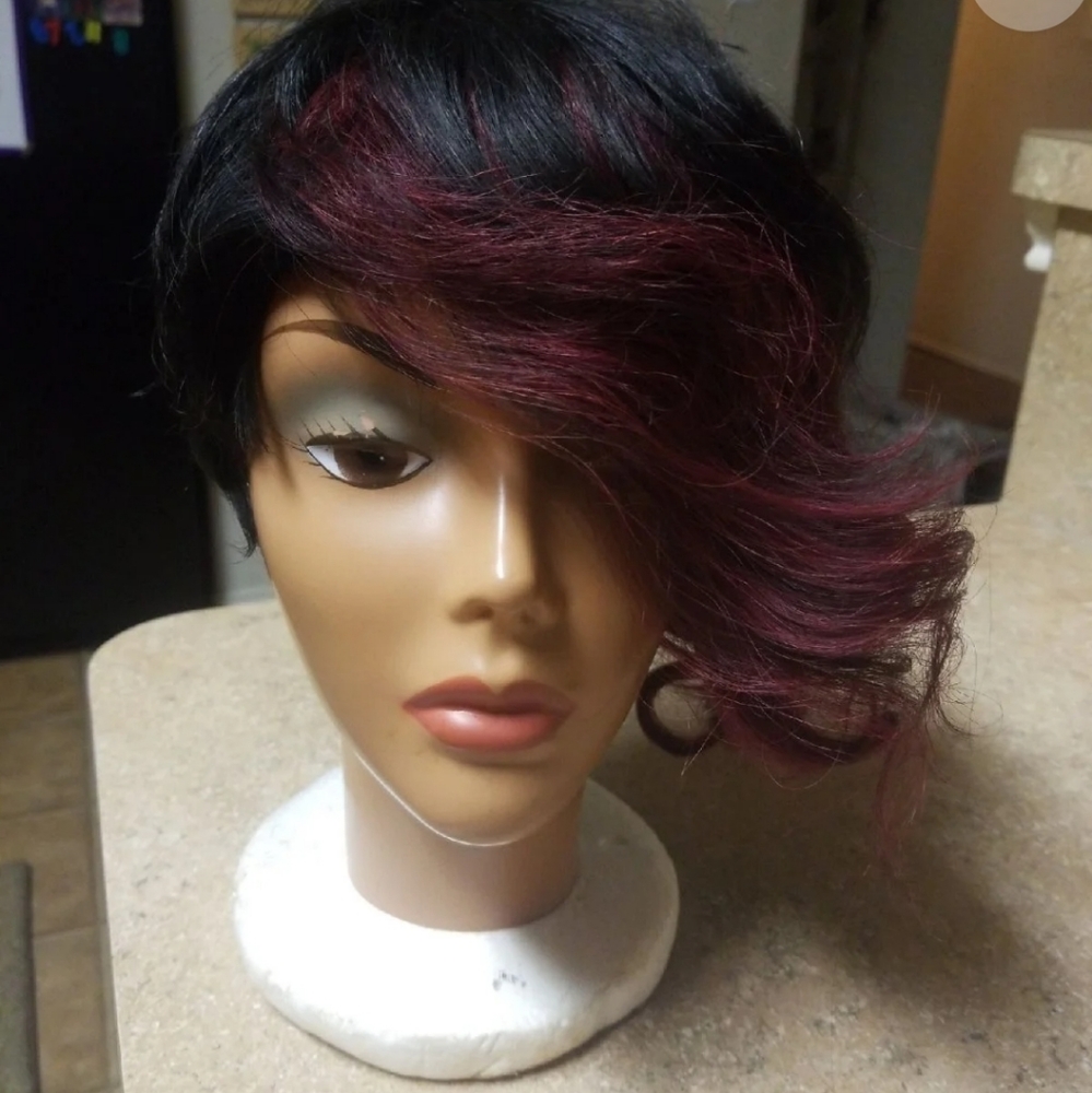 Burgundy and black bump wig